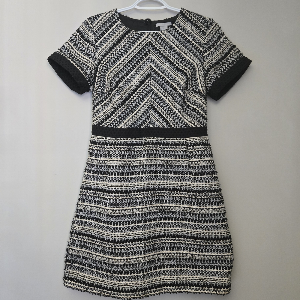 H&M woven textured mini dress cap sleeves, fully lined - black, cream + gold